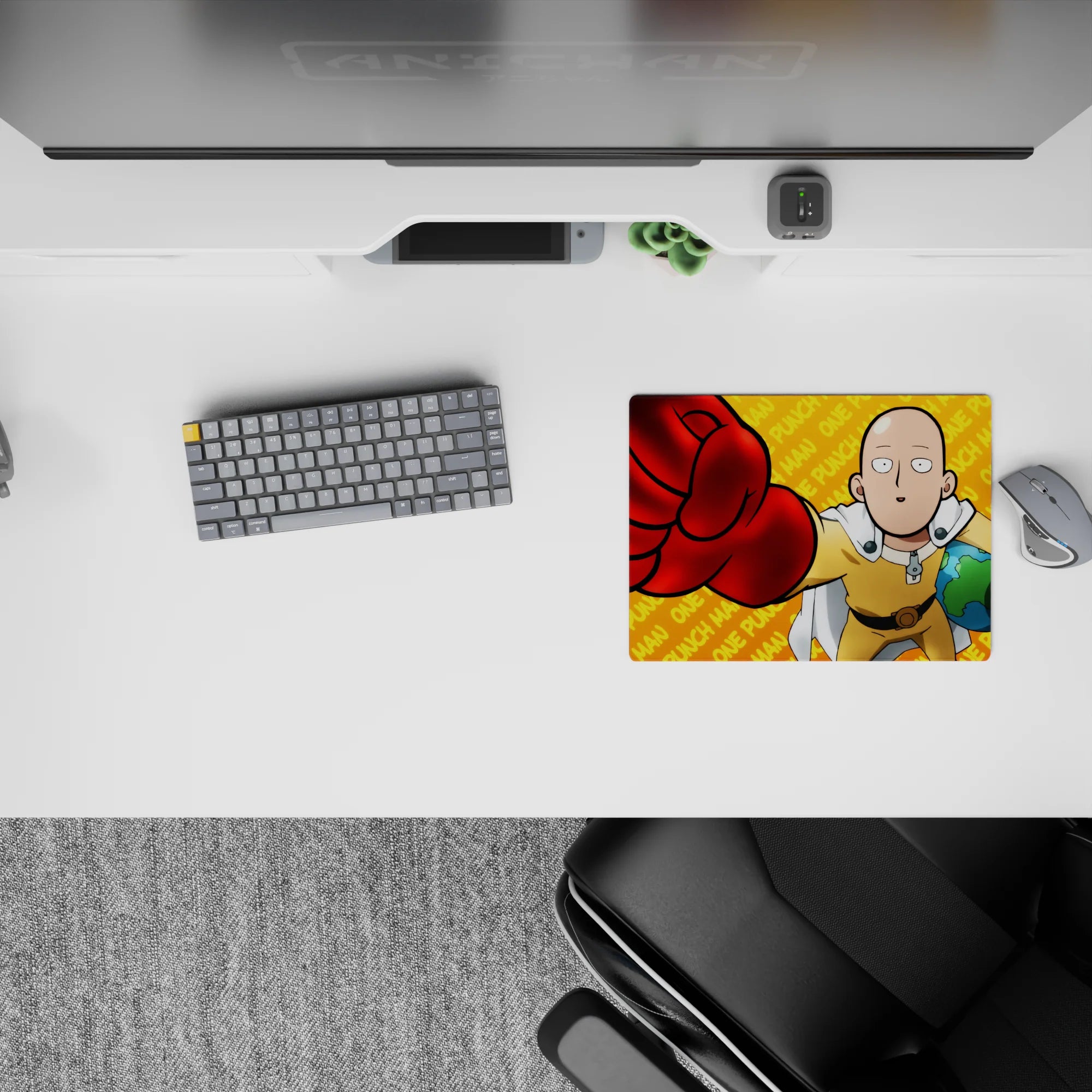 Bright yellow suit and white cape on orange background, bold funny vibe, anime mouse pad 14x10 inches.