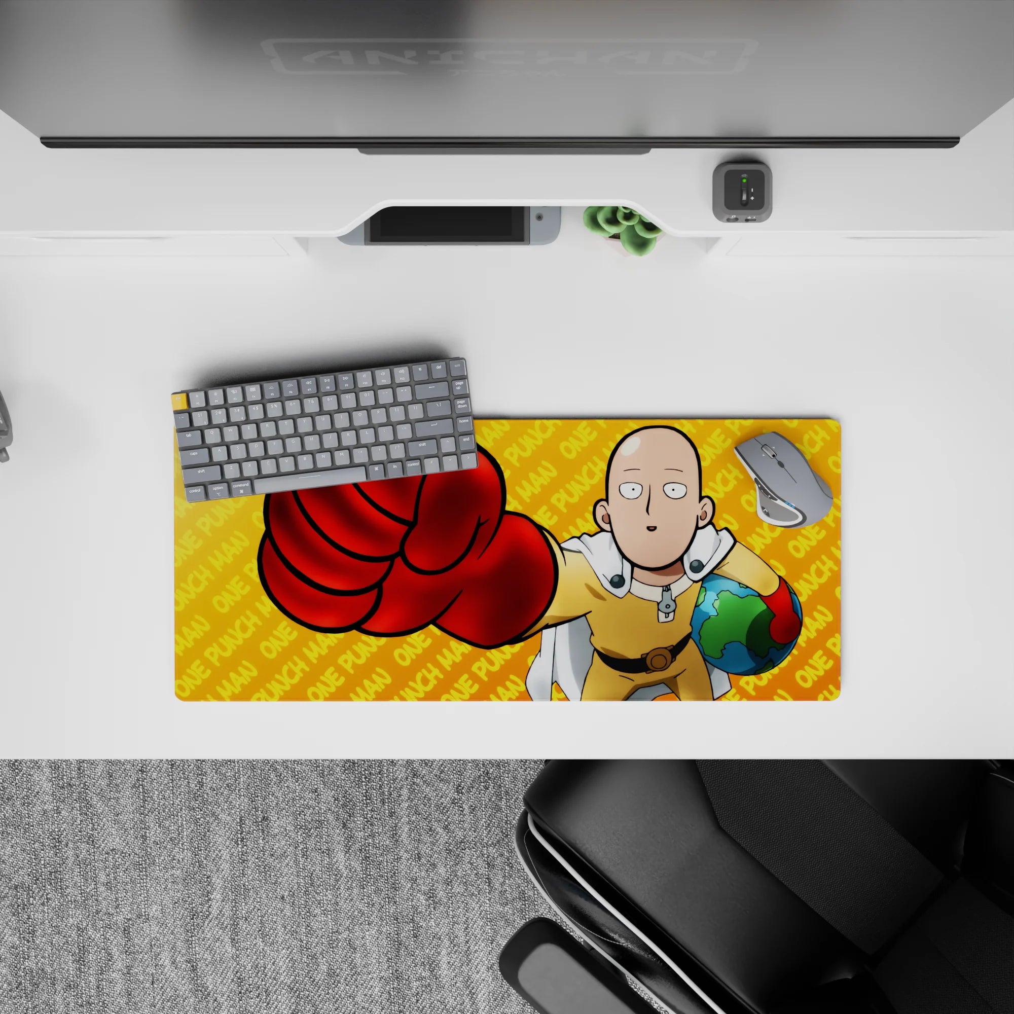 Orange backdrop with bright yellow suit and white cape, 28x12 inches anime mouse pad, clean and punchy.