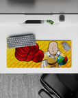 Orange backdrop with bright yellow suit and white cape, 28x12 inches anime mouse pad, clean and punchy.