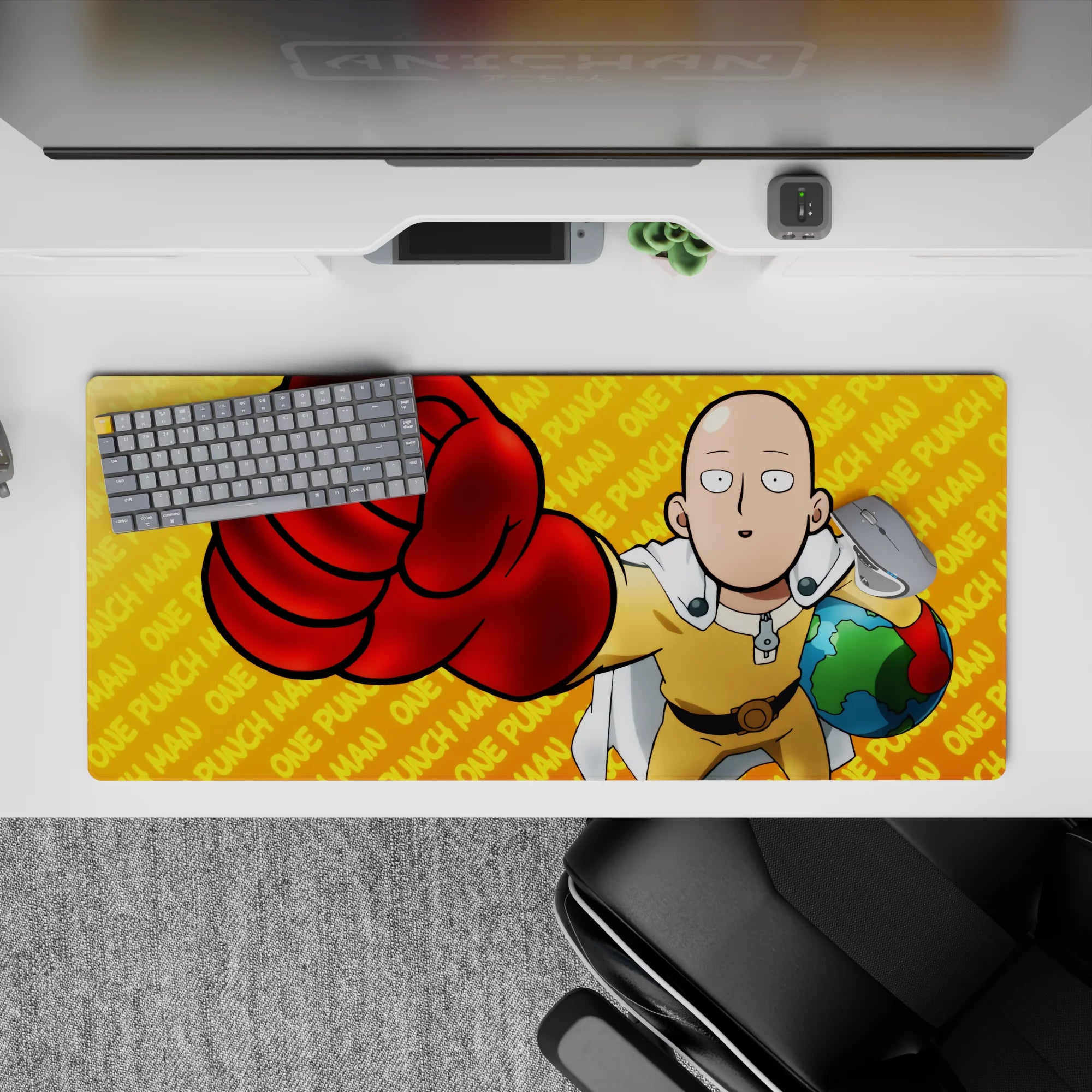 Bright orange and yellow anime desk pad 36x16 inches with clean white cape vibes and bold punchy pattern.