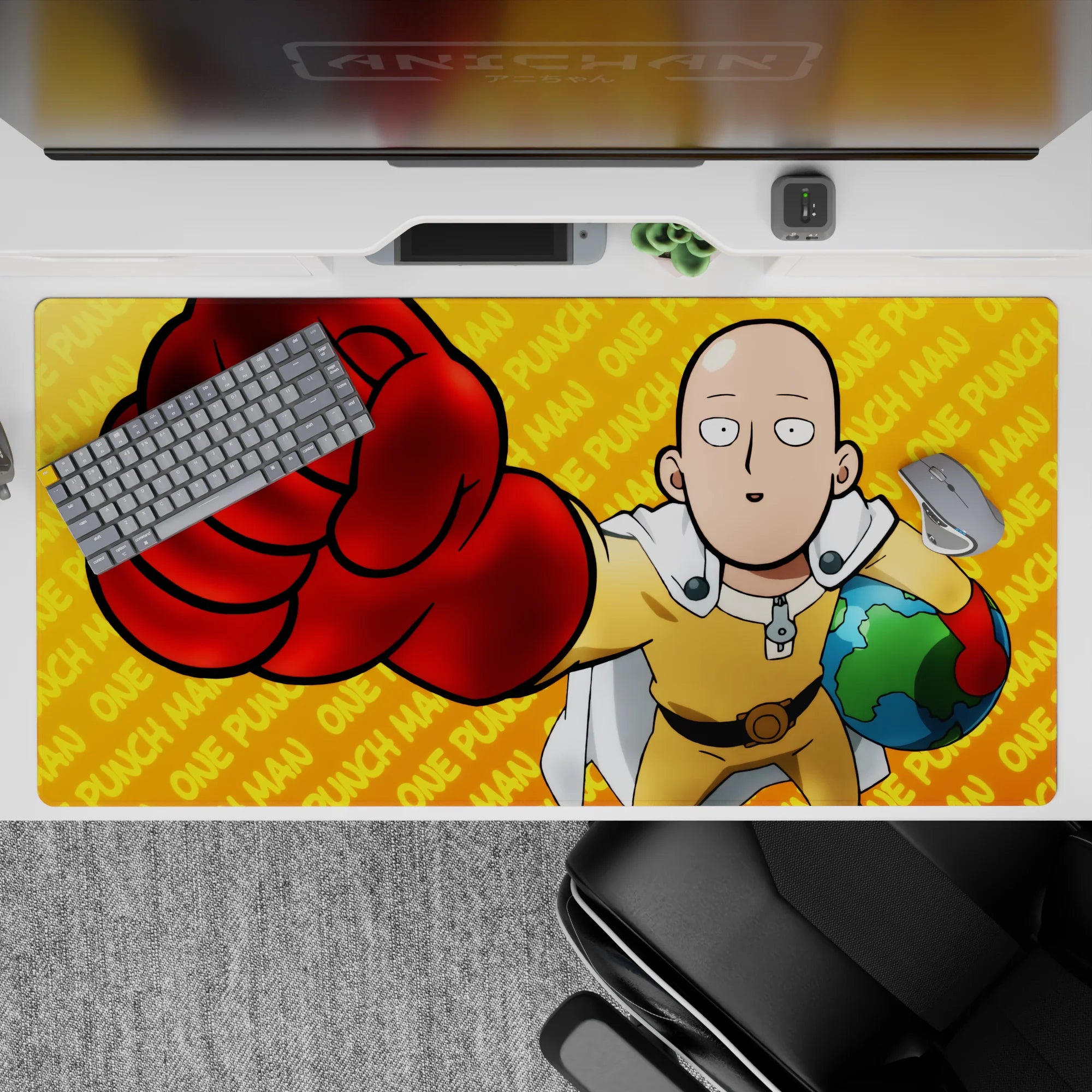 Bright orange, yellow, and white anime desk pad 40x20 inches with clean bold print and calm power vibe.