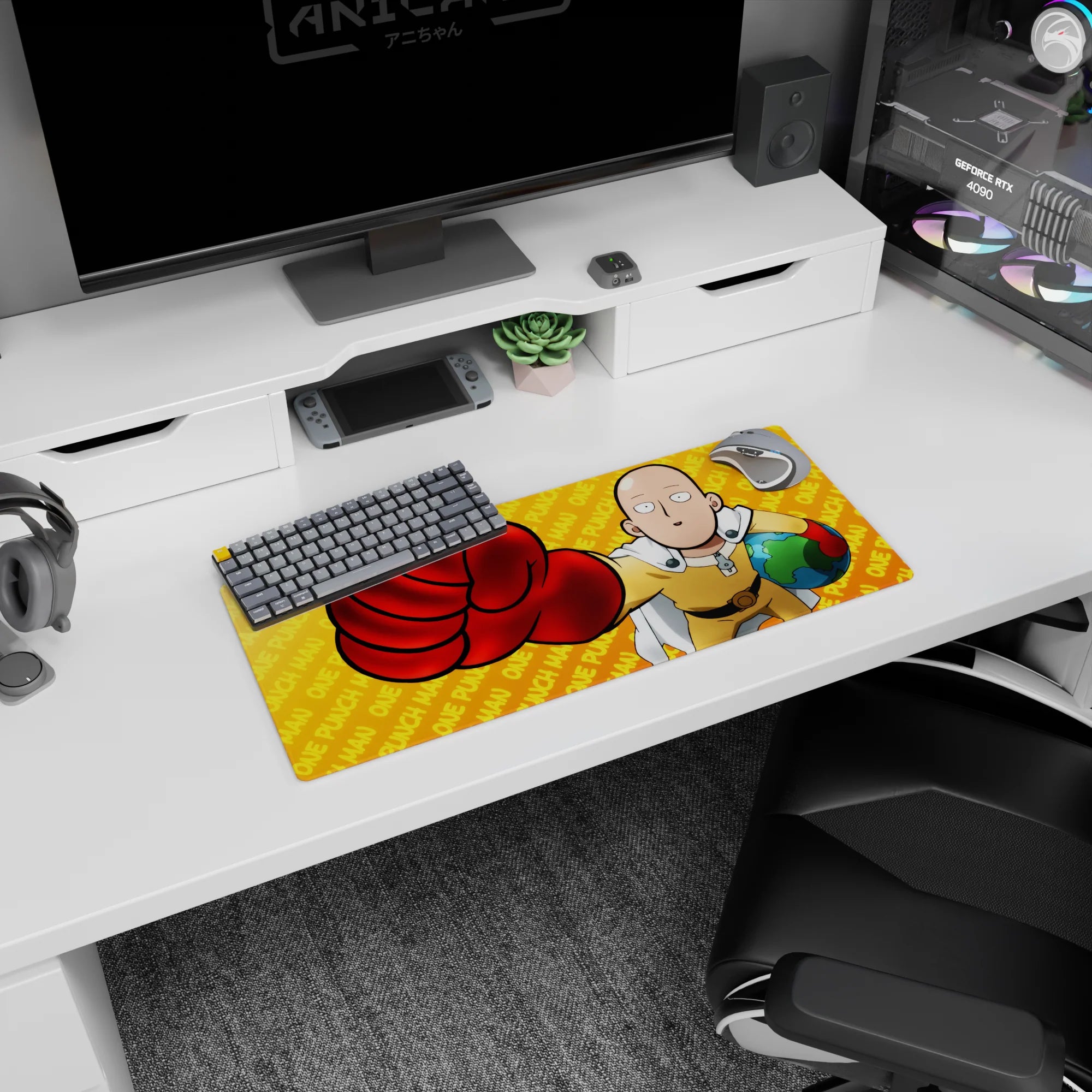 Saitama from One Punch Man throwing a red glove toward you on a 28x12 inches anime mouse pad.