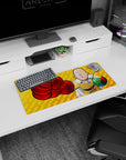 Saitama from One Punch Man throwing a red glove toward you on a 28x12 inches anime mouse pad.