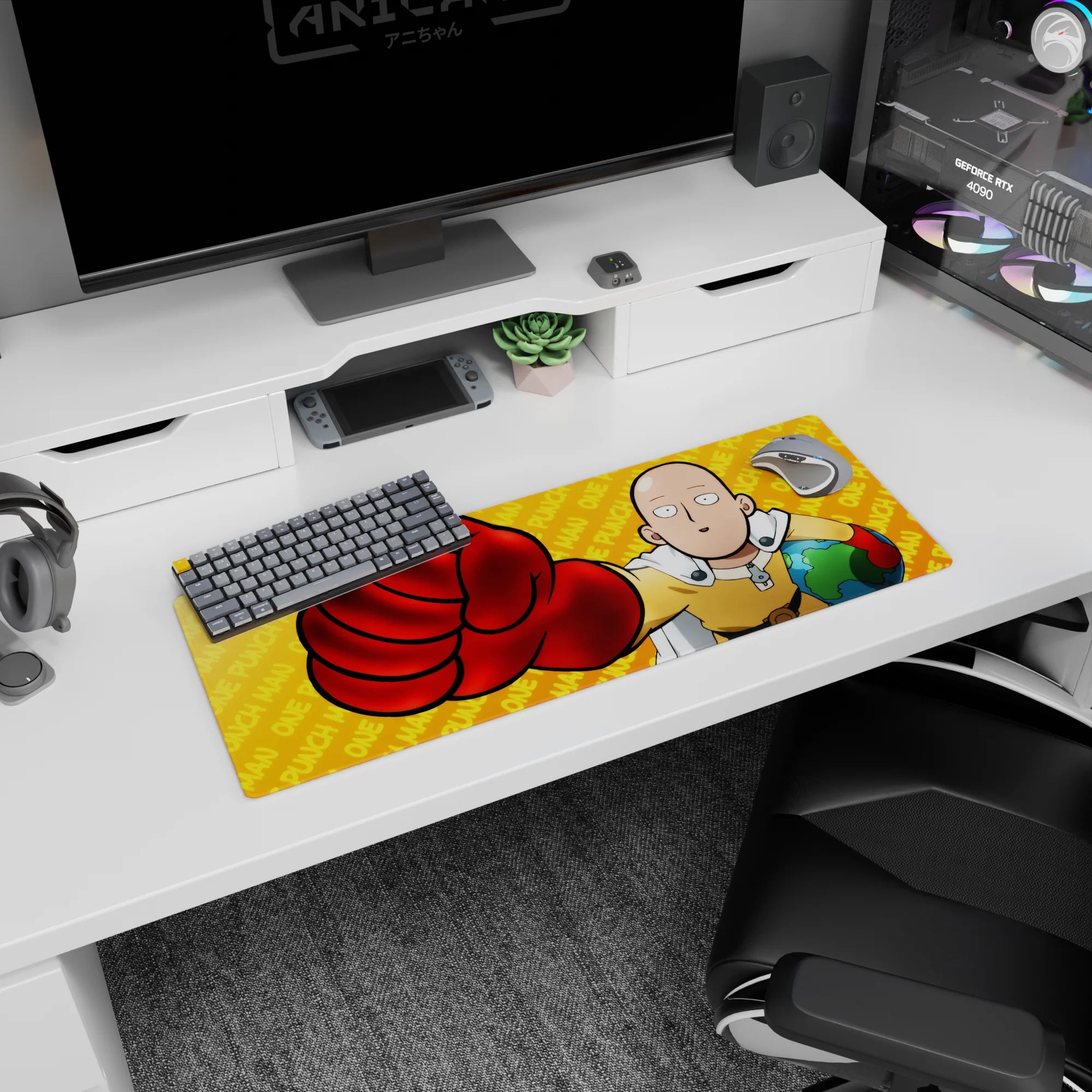 Saitama from One Punch Man reaching forward with red glove on anime mouse pad 32x12 inches.