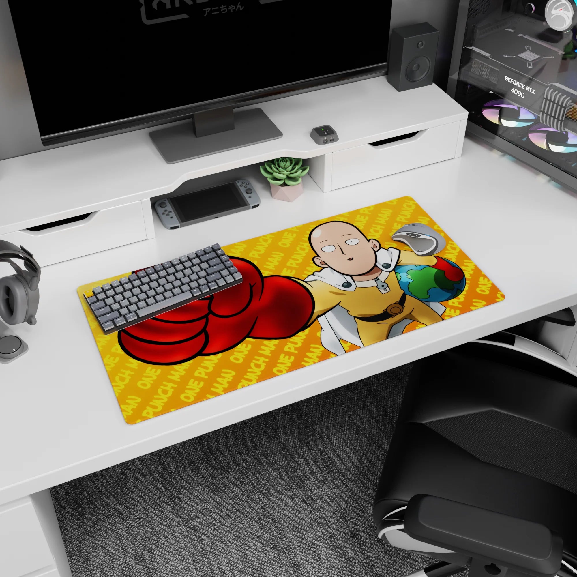 Saitama One Punch Man mouse pad 32x16 inches, yellow suit and white cape, glove punch toward viewer.