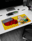 Saitama One Punch Man mouse pad 32x16 inches, yellow suit and white cape, glove punch toward viewer.