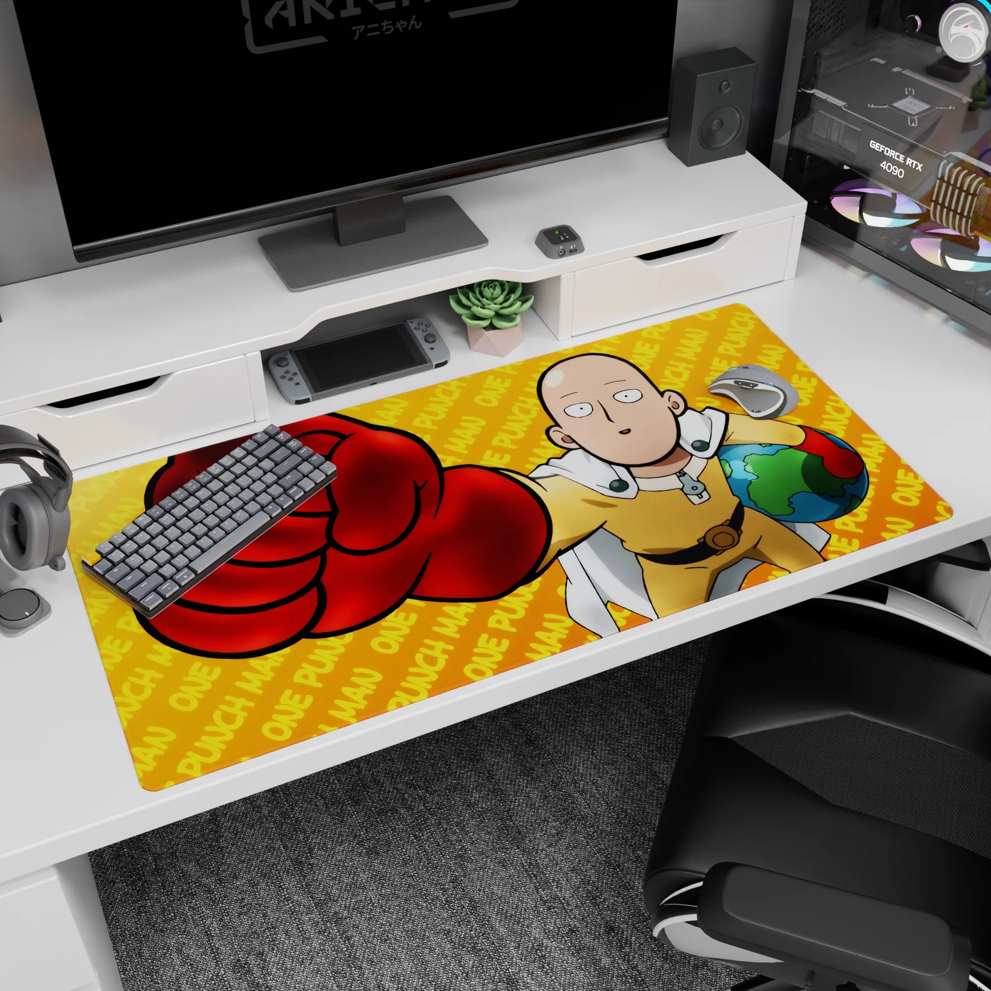 Saitama in yellow suit and white cape throwing a red glove on anime desk pad 40x20 inches.