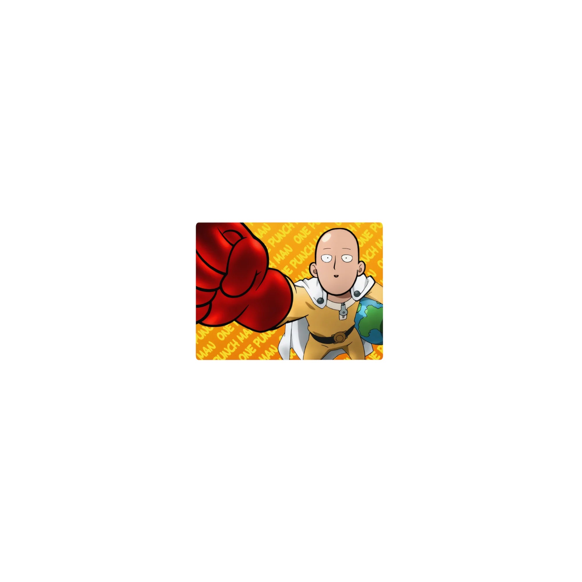 One Punch Man anime mouse pad 14x10 inches with Saitama red glove punch, orange text pattern backdrop.