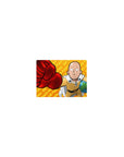 One Punch Man anime mouse pad 14x10 inches with Saitama red glove punch, orange text pattern backdrop.