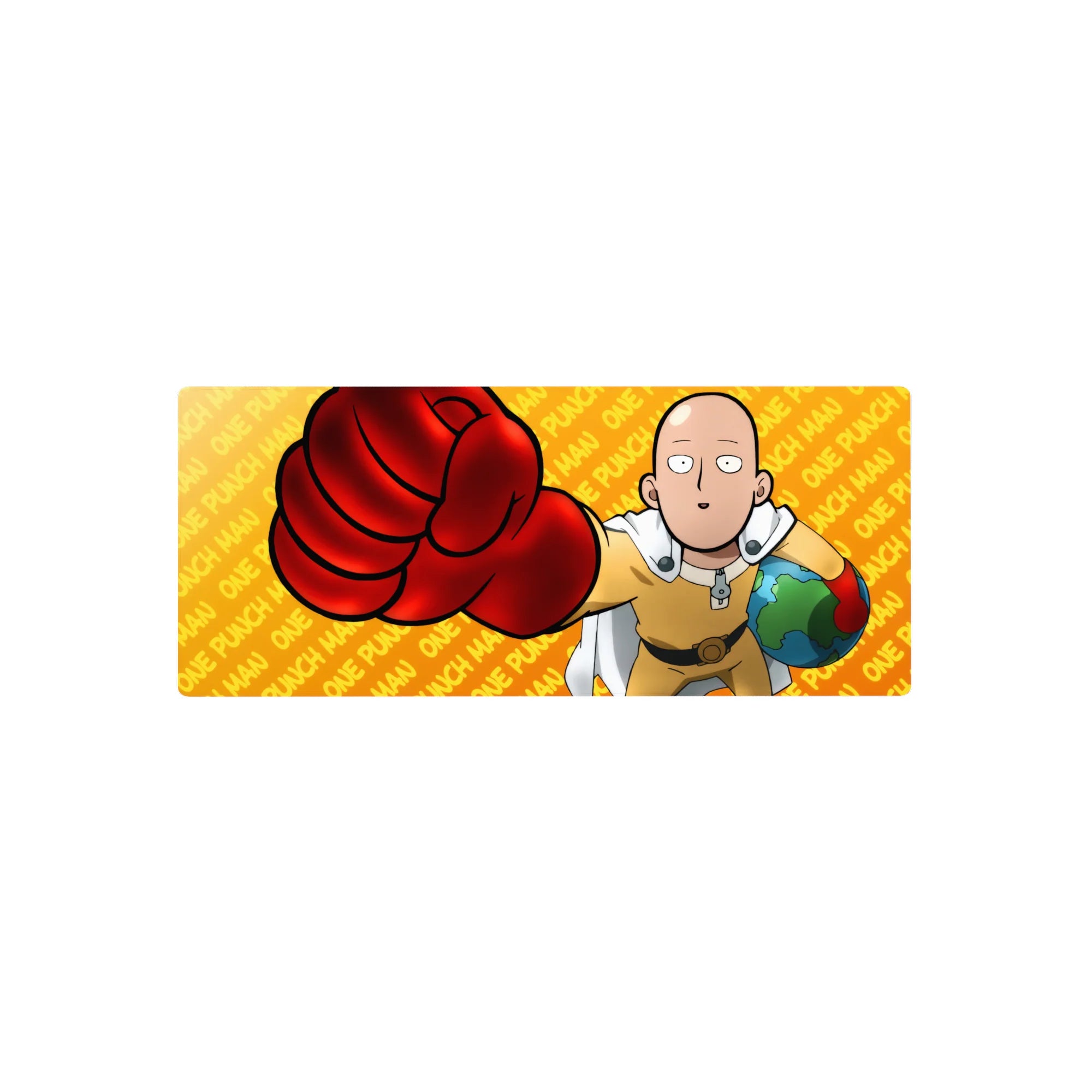 One Punch Man anime mouse pad 28x12 inches with Saitama punch-glove graphic and bold pattern backdrop.