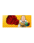 One Punch Man anime mouse pad 28x12 inches with Saitama punch-glove graphic and bold pattern backdrop.