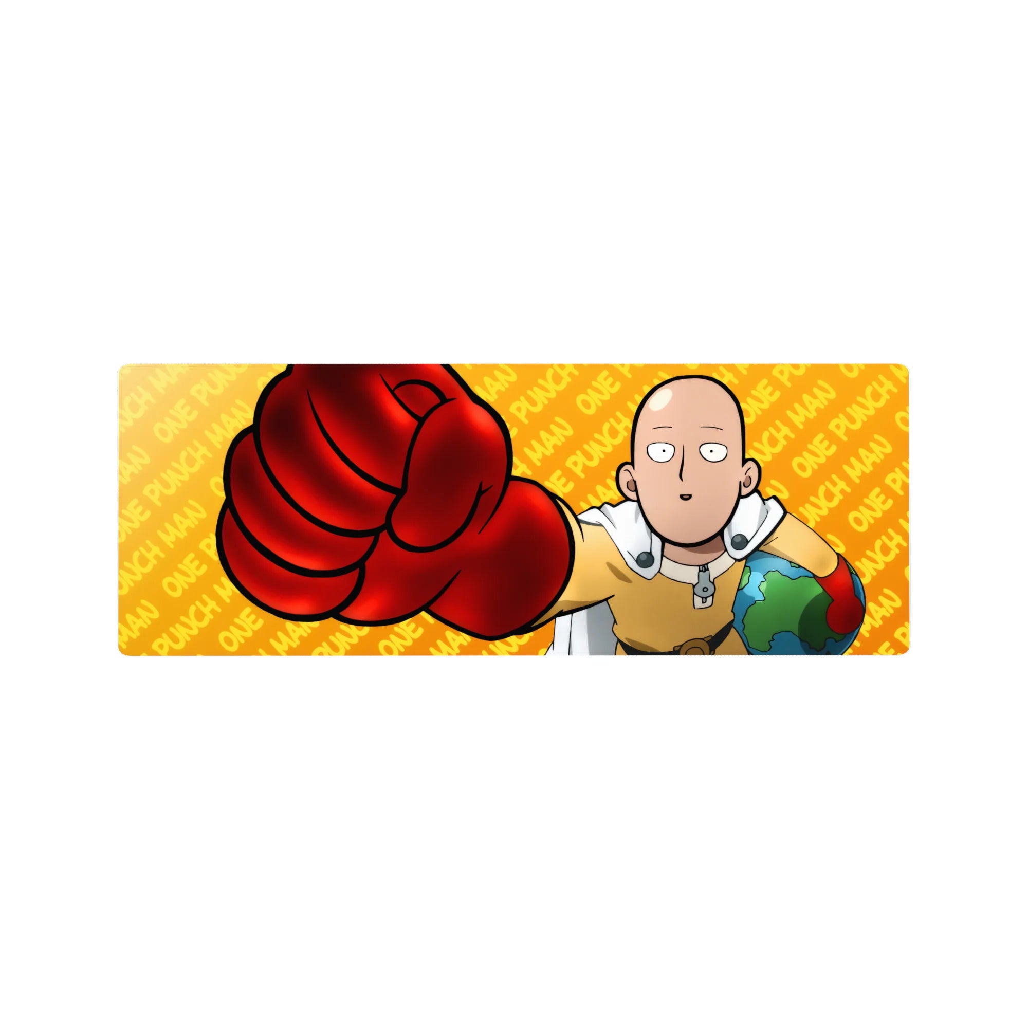 One Punch Man anime mouse pad 32x12 inches with Saitama glove punch, yellow suit, white cape, orange text.