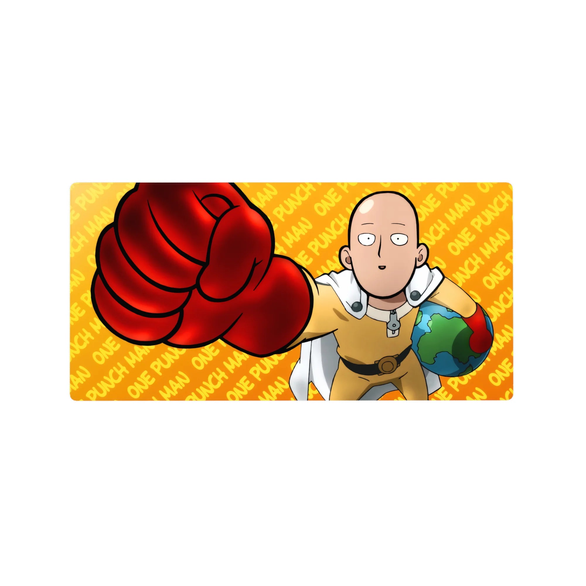 One Punch Man anime mouse pad 32x16 inches with Saitama, orange backdrop, bold pattern text, red glove.