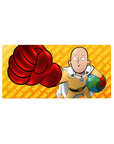 One Punch Man anime mouse pad 32x16 inches with Saitama, orange backdrop, bold pattern text, red glove.