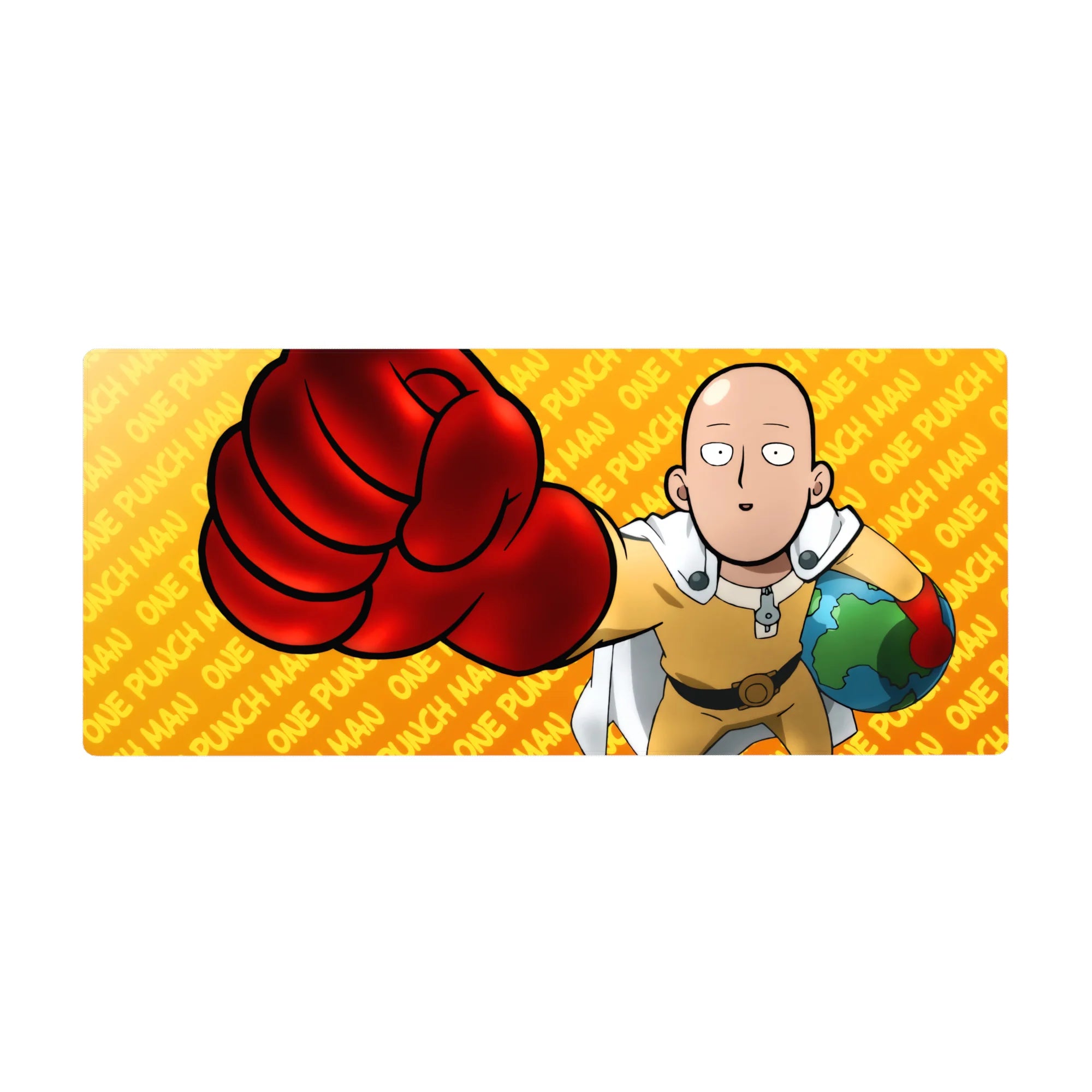 One Punch Man anime desk pad 36x16 inches with Saitama red glove punch, orange text pattern backdrop.