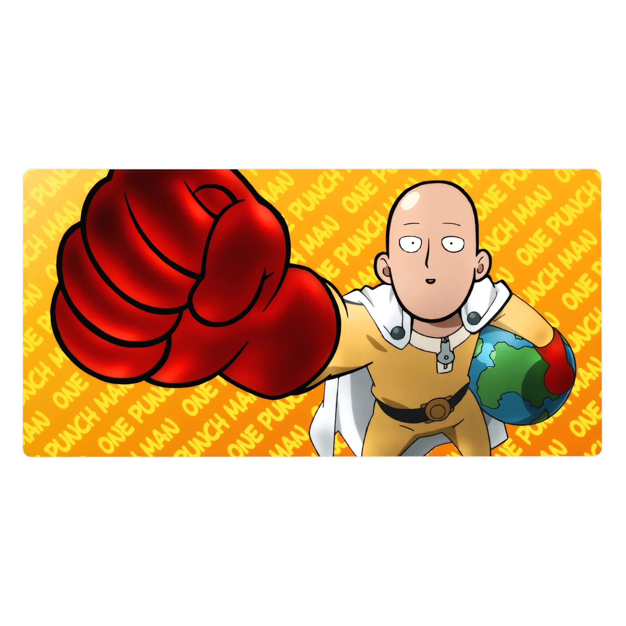 One Punch Man anime desk pad 40x20 inches with Saitama punch-glove design and patterned text background.