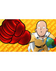 One Punch Man anime desk pad 40x20 inches with Saitama punch-glove design and patterned text background.