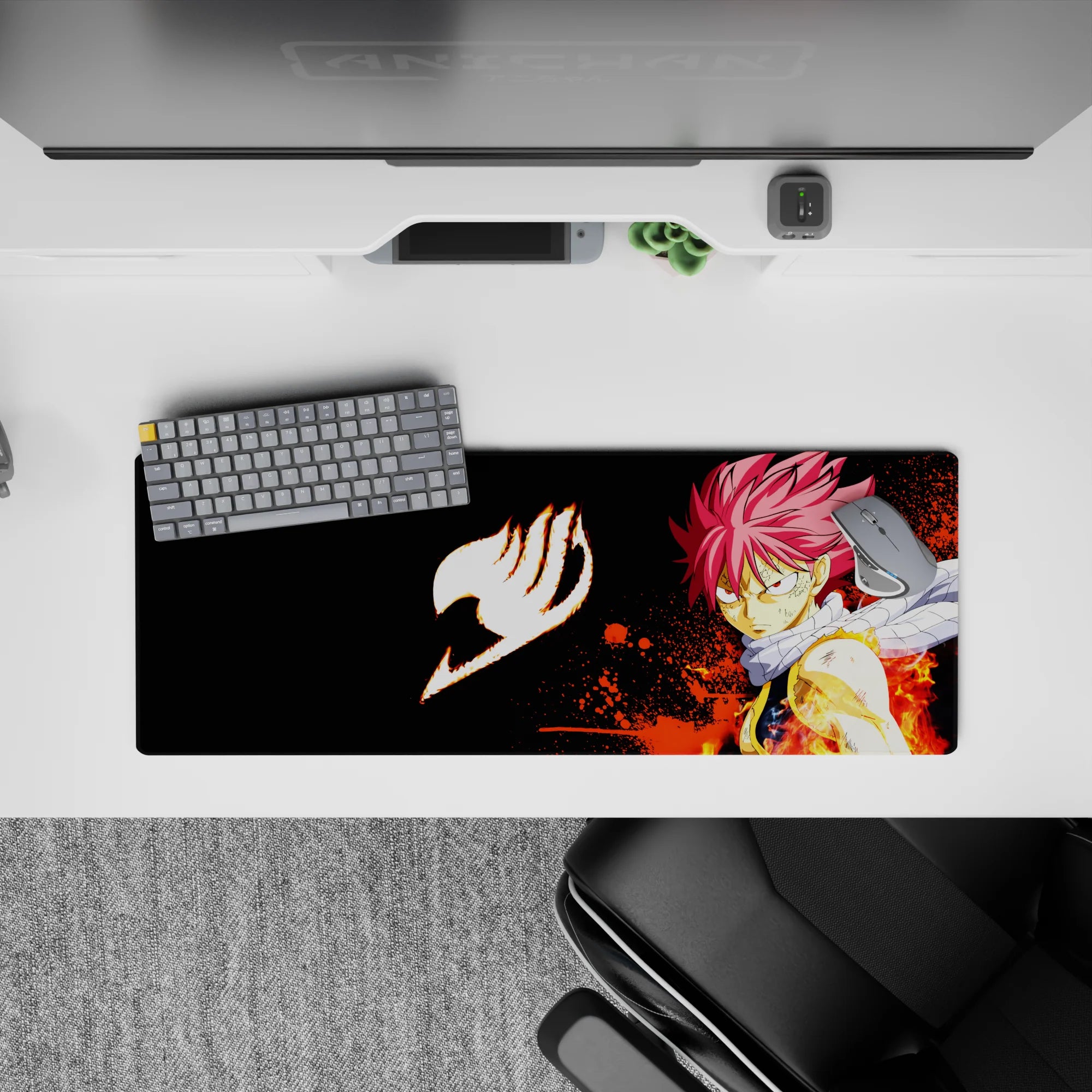 32x12 inches anime mouse pad in black with orange splatter flames, intense fiery vibe, smooth gaming surface.