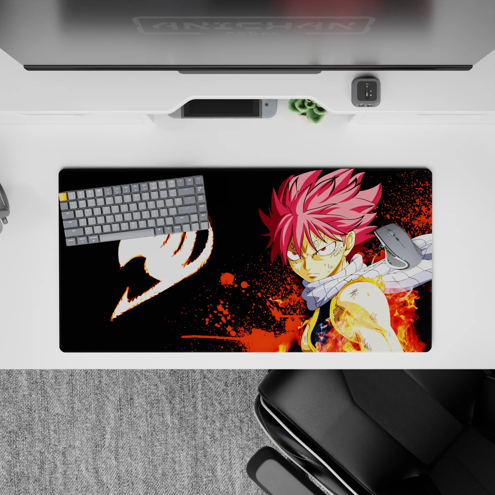 32x16 inches anime mouse pad in deep black with blazing orange flame bursts for an intense, fiery vibe.