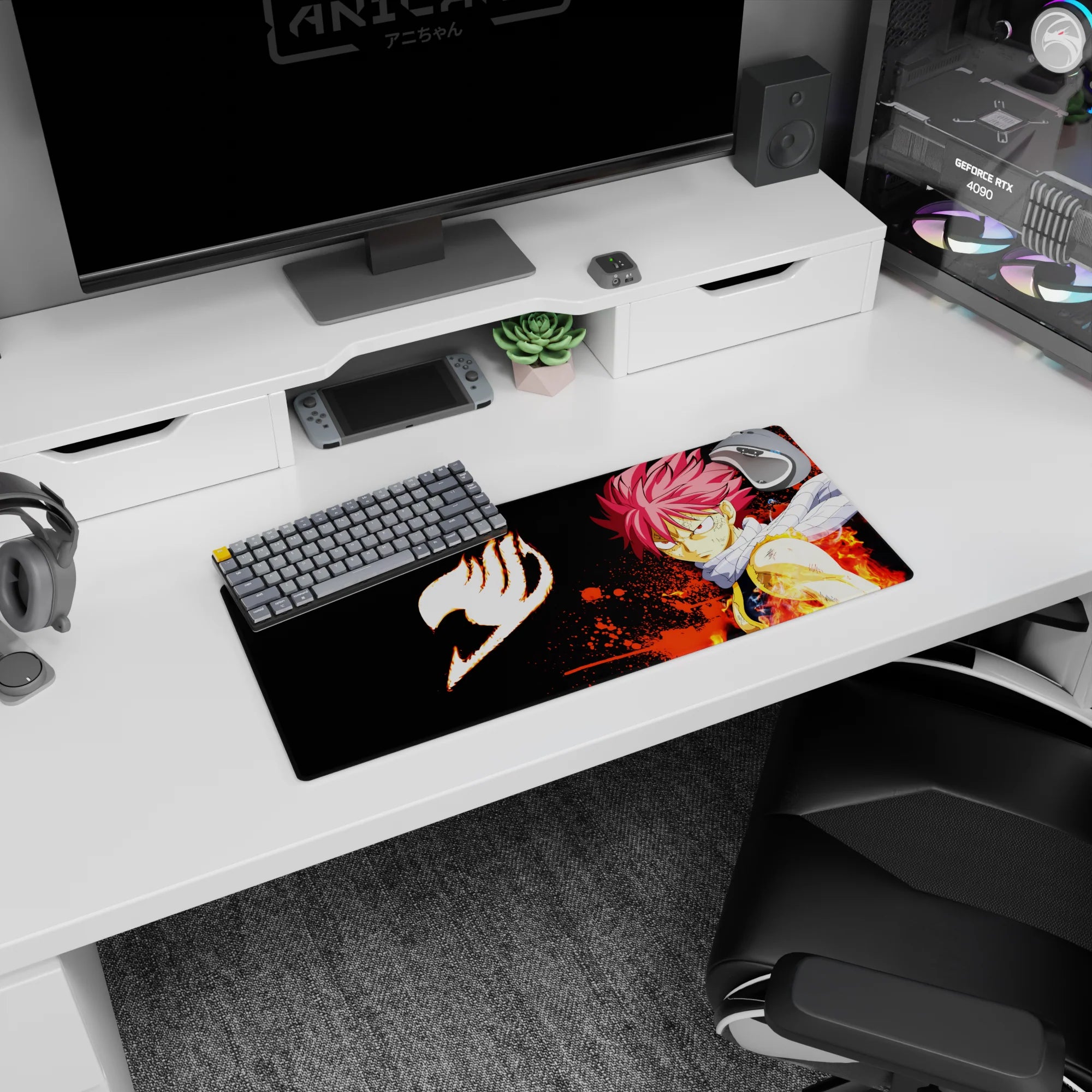 28x12 inches Fairy Tail mouse pad featuring Natsu Dragneel with battle marks, scarf flowing, arm blazing.