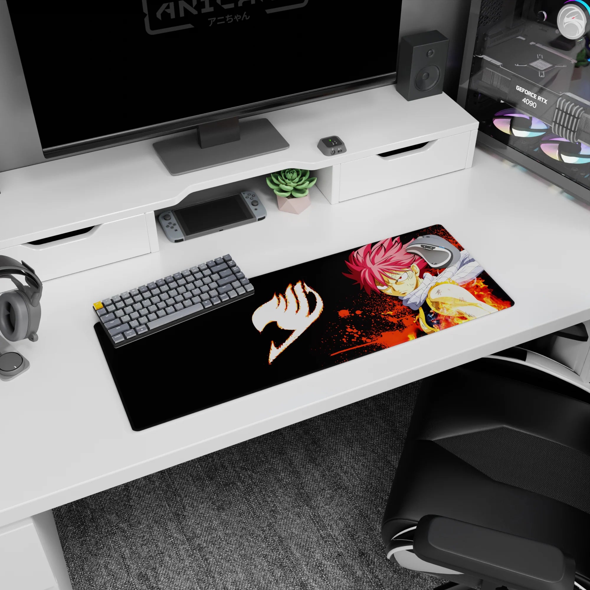 32x12 inches Fairy Tail mouse pad showing Natsu Dragneel with pink spiky hair and battle marks amid flames.
