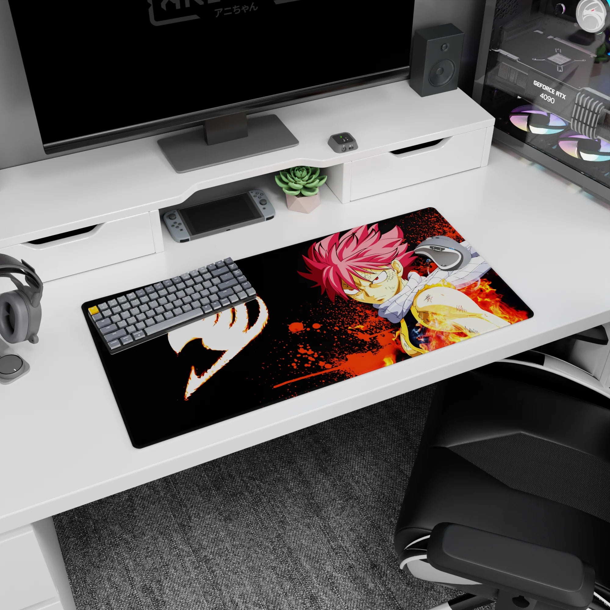 32x16 inches anime mouse pad showing Natsu Dragneel with battle marks, pink hair, scarf, and flaming arm.