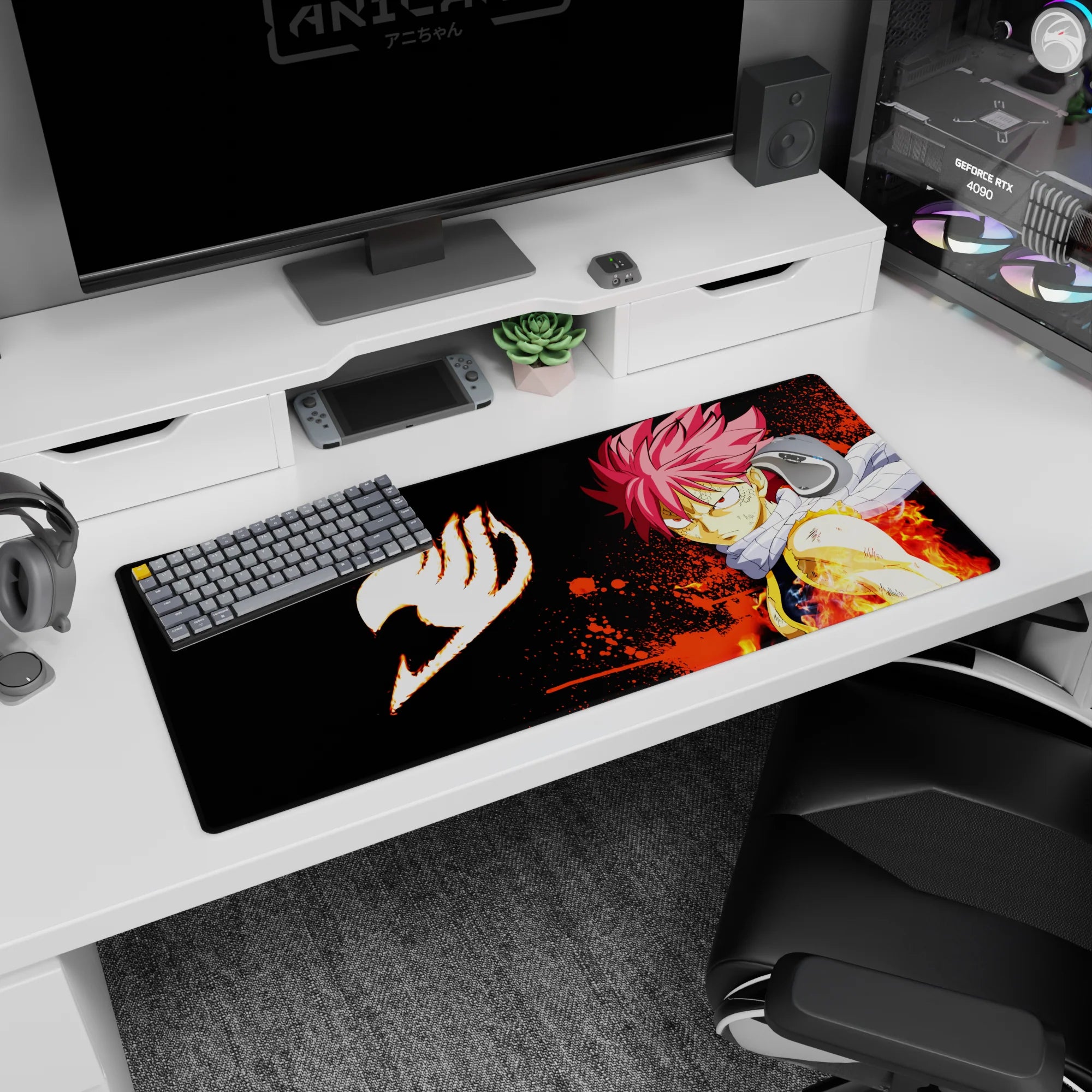 36x16 inches desk pad showing Natsu Dragneel pink spiked hair, battle marks, arm glowing with heat.