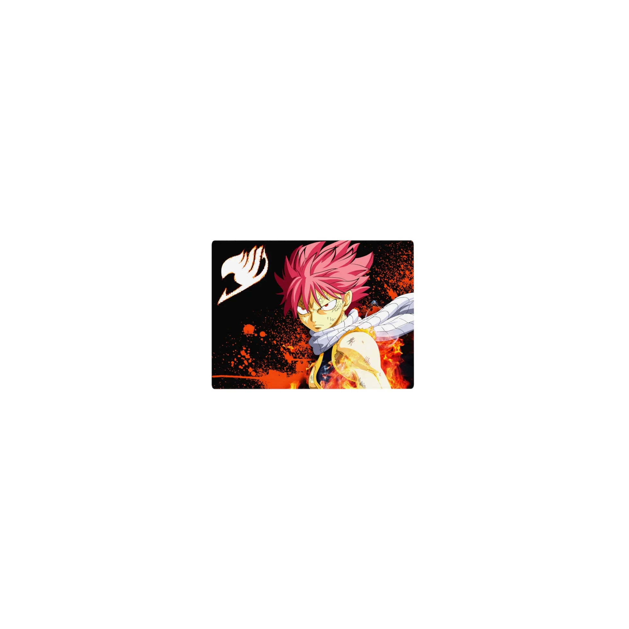 Classic anime mouse pad 14x10 inches with spiky pink-haired fighter, scarf, flames, and bold icon.