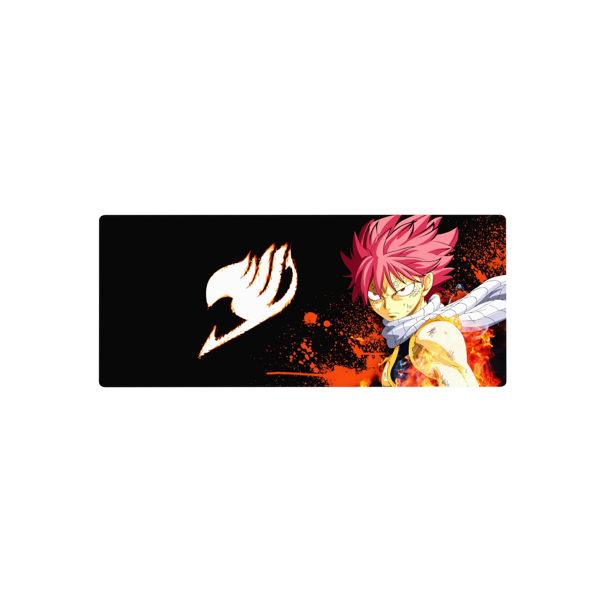 28x12 inches anime mouse pad with spiky pink-haired hero, white scarf, flames and splatter on black space.