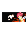 28x12 inches anime mouse pad with spiky pink-haired hero, white scarf, flames and splatter on black space.