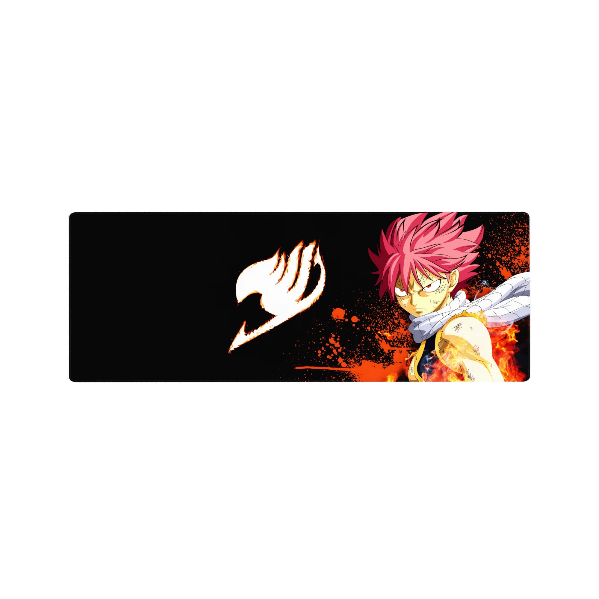 32x12 inches anime mouse pad featuring Natsu with flame bursts, white scarf, and bold icon on black space.