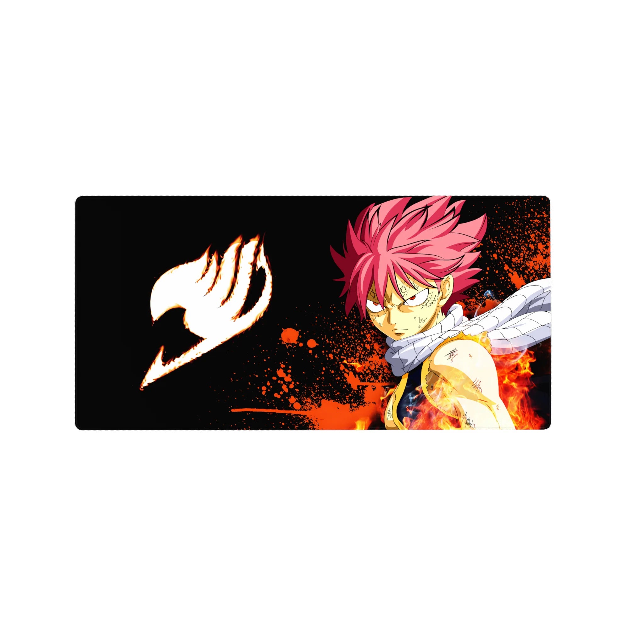32x16 inches anime mouse pad with Natsu Dragneel, black space backdrop, flames, orange splatter, and scarf.