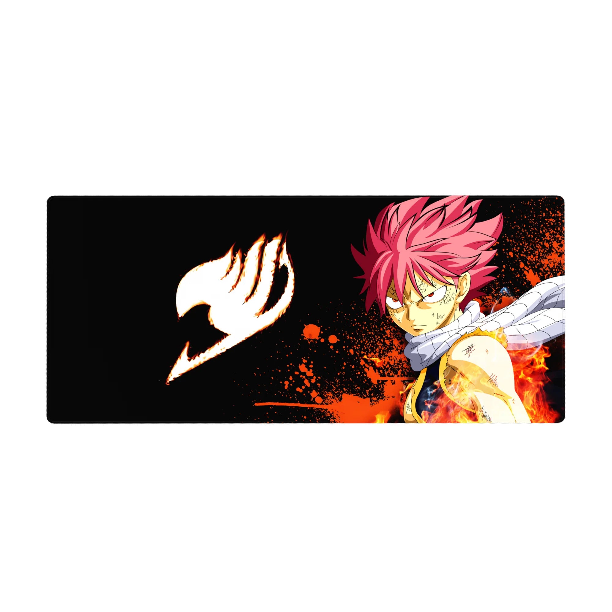 36x16 inches anime desk pad with Natsu Dragneel, flames, white scarf, and bold icon on black space.