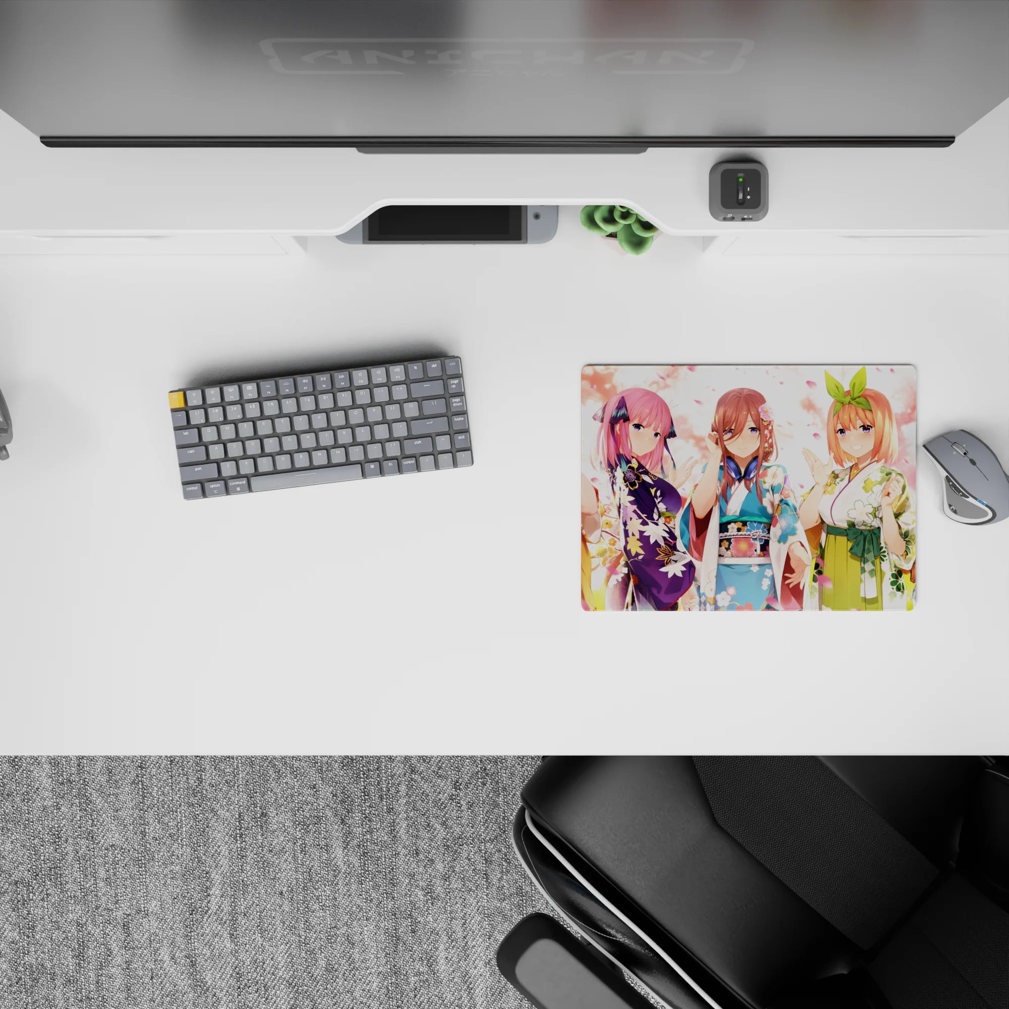 14x10 inches classic anime girl mouse pad in pink spring light with violet, blue, green, and red floral pops.