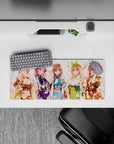 Cute anime girl mouse pad 28x12 inches in soft pink light with violet, sky blue, green, and warm red florals.