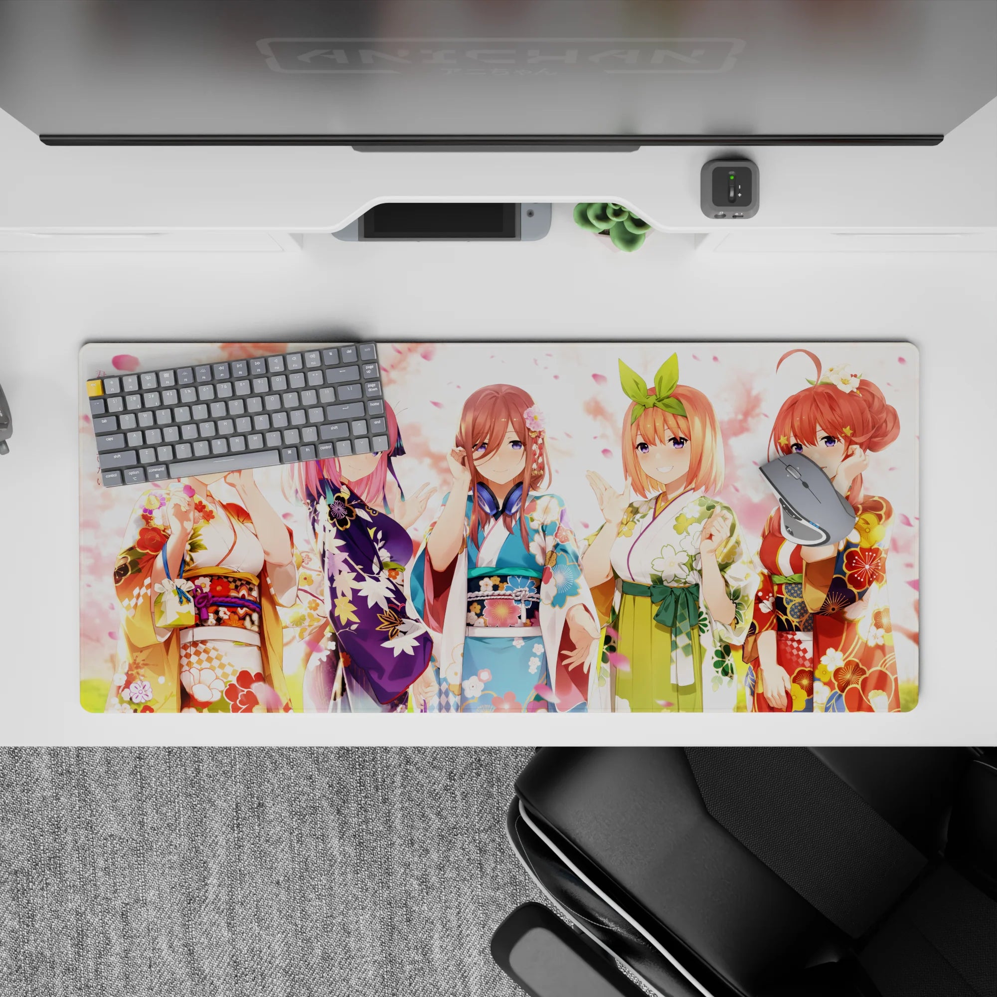 36x16 inches kawaii anime desk pad in creamy light with pink petals, violet and sky blue florals, sunny mood.