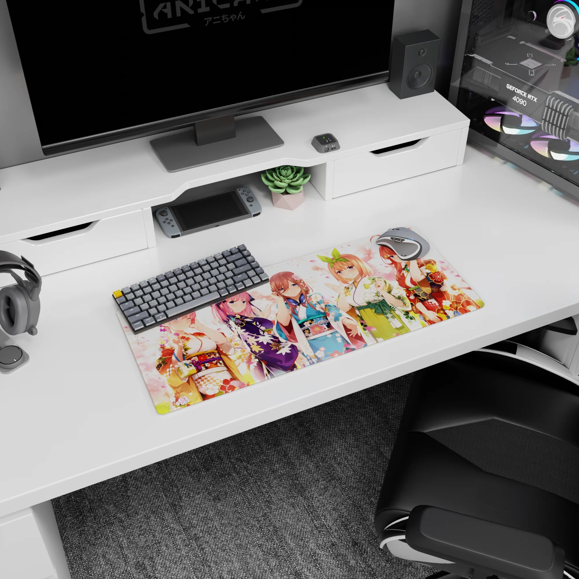 28x12 inches anime girl mouse pad showing five kimono-clad girls posing with cheeky smiles under drifting petals.