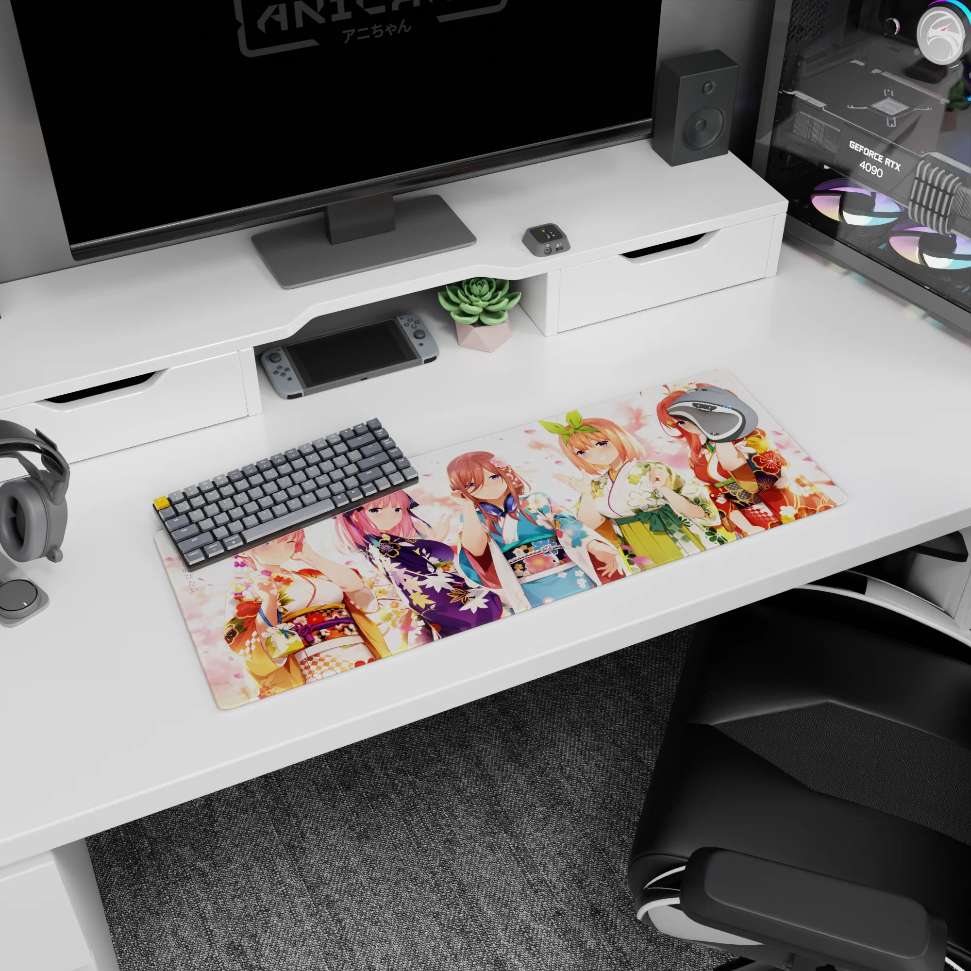 32x12 inches anime desk mat scene of five smiling kimono girls, playful hand poses, like a mini festival.