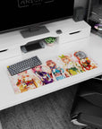 32x12 inches anime desk mat scene of five smiling kimono girls, playful hand poses, like a mini festival.
