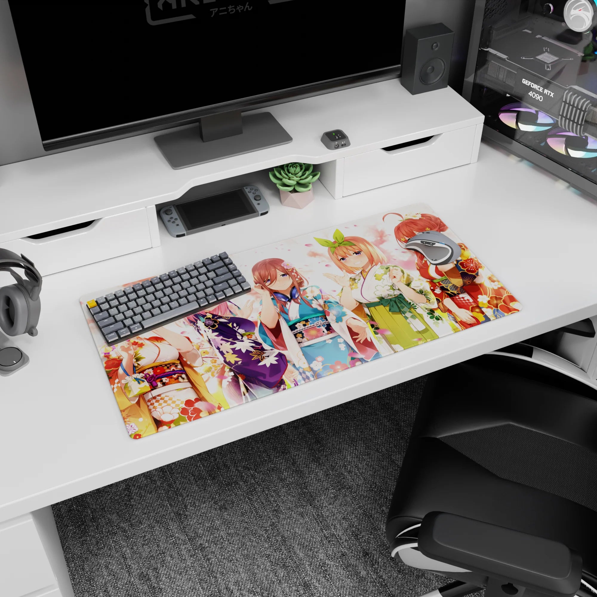 32x16 inches anime girl mouse pad showing five cheeky kimono girls smiling like a tiny spring festival scene.