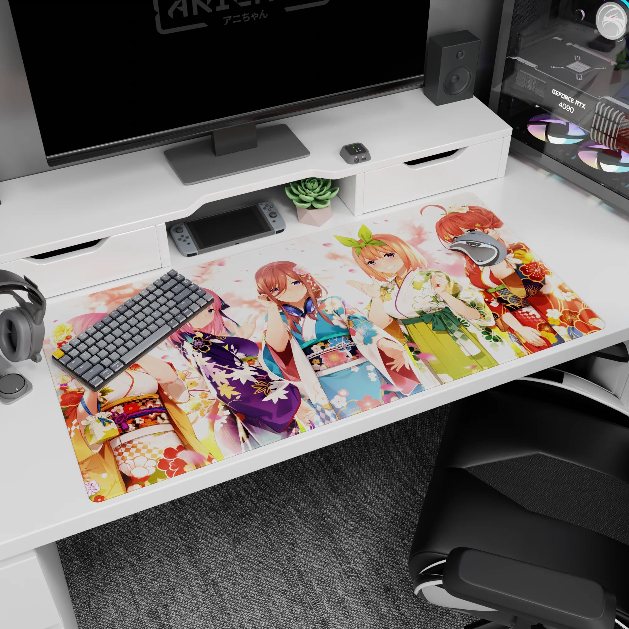 Five kimono-clad anime girls smiling and posing at a tiny festival on a 40x20 inches desk pad.