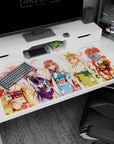 Five kimono-clad anime girls smiling and posing at a tiny festival on a 40x20 inches desk pad.