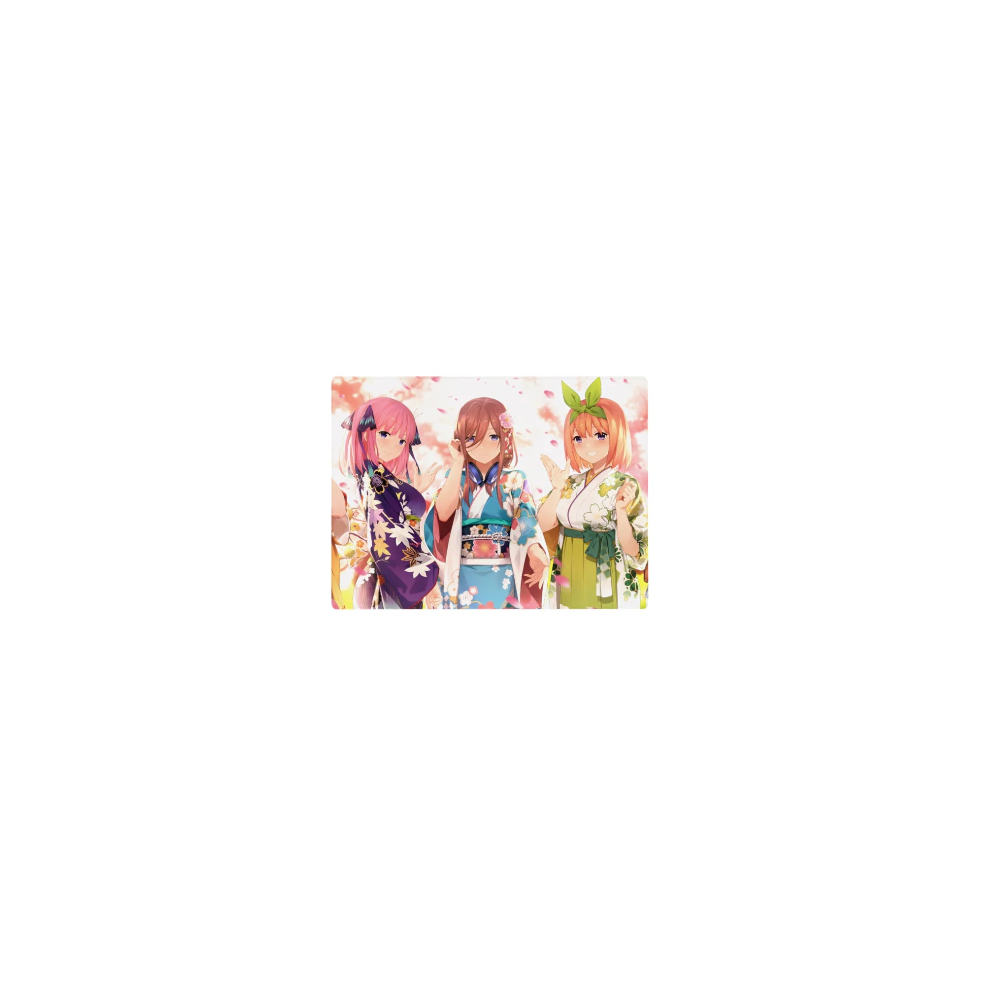 14x10 inches classic anime girl mouse pad with five kimono girls, floral patterns, petals, and cute poses.