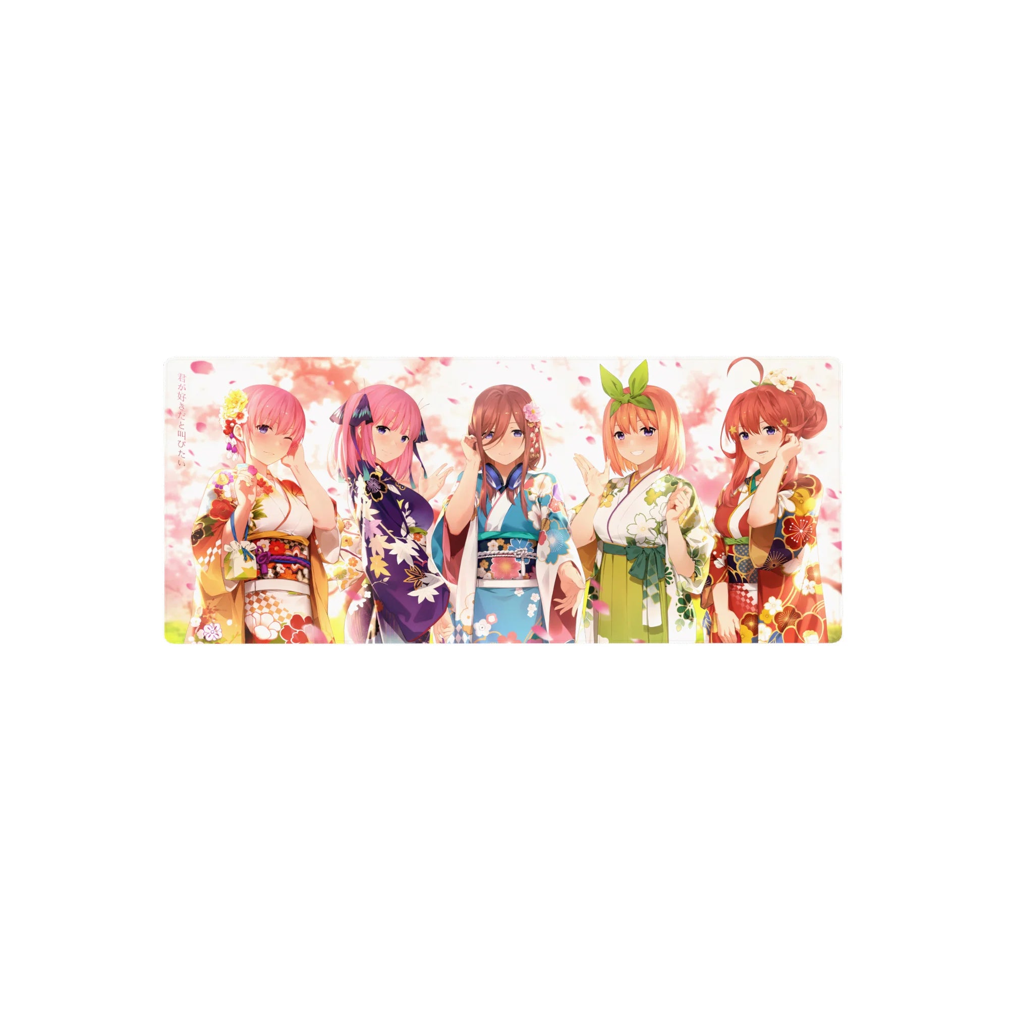Anime girl mouse pad 28x12 inches with five spring kimono girls, floral patterns, petals, and playful smiles.