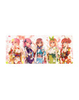 Anime girl mouse pad 28x12 inches with five spring kimono girls, floral patterns, petals, and playful smiles.