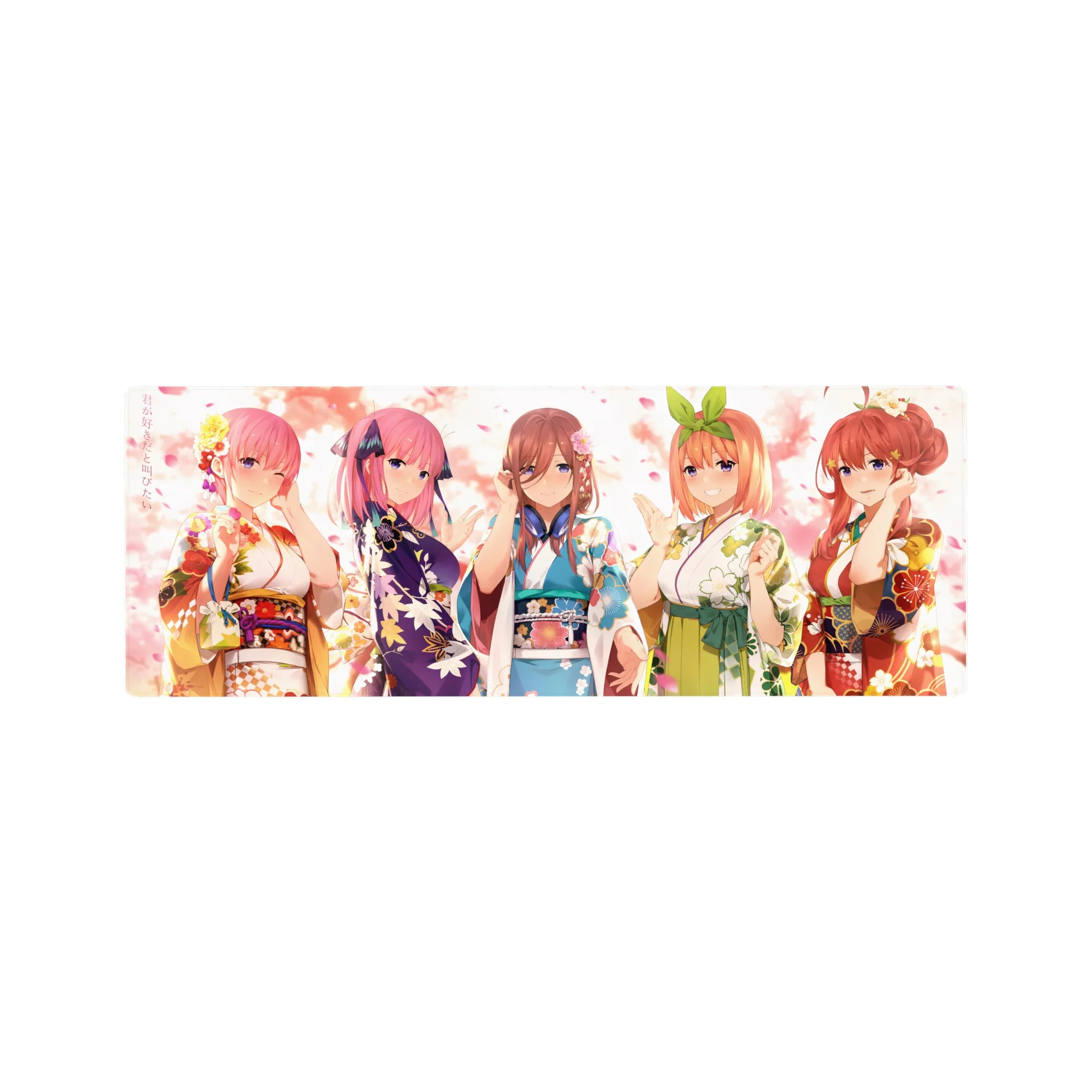 32x12 inches anime girl mouse pad with five girls in spring kimonos, floral obi bows, and cute poses.