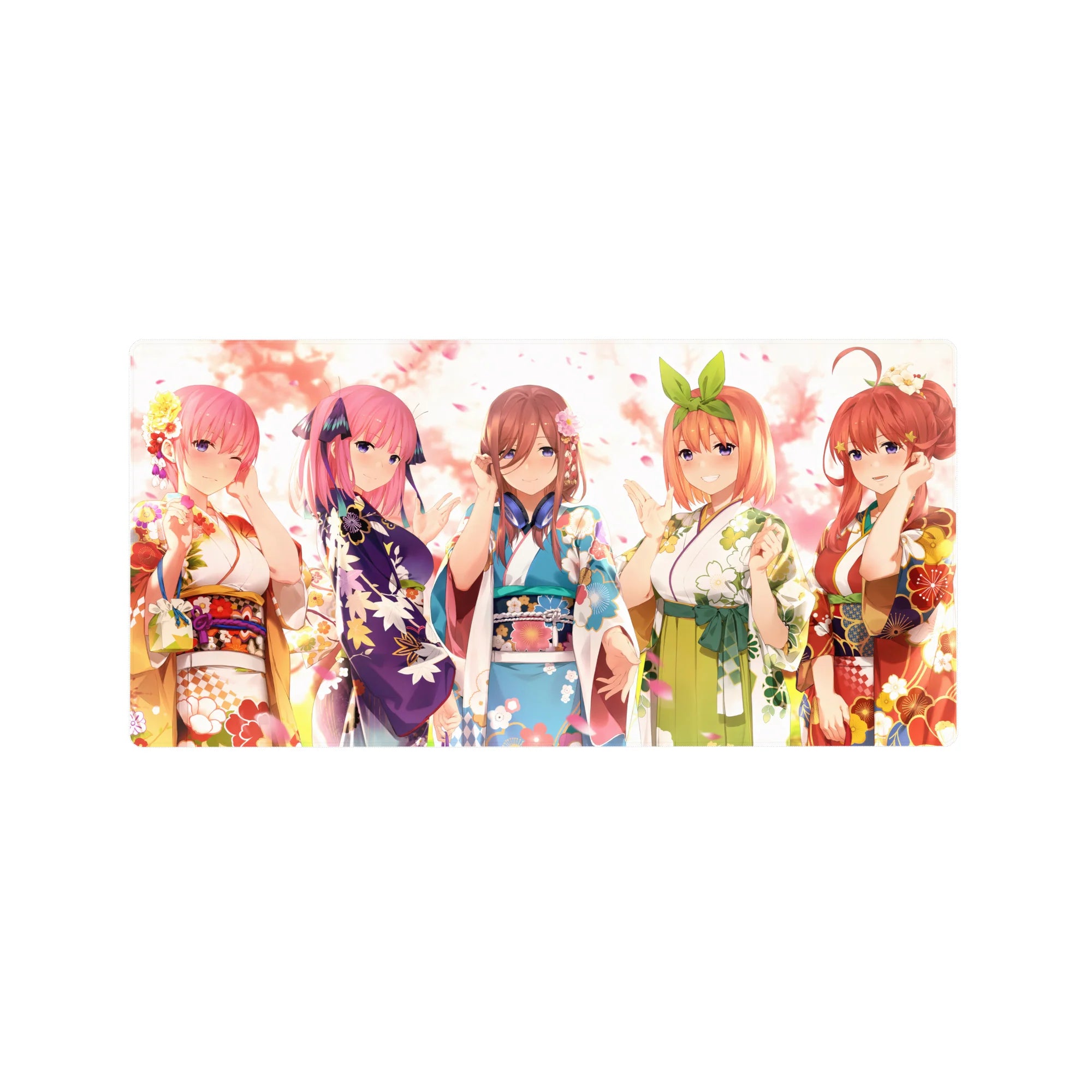 32x16 inches anime girl mouse pad with five girls in spring kimonos, floral obi bows and playful poses.