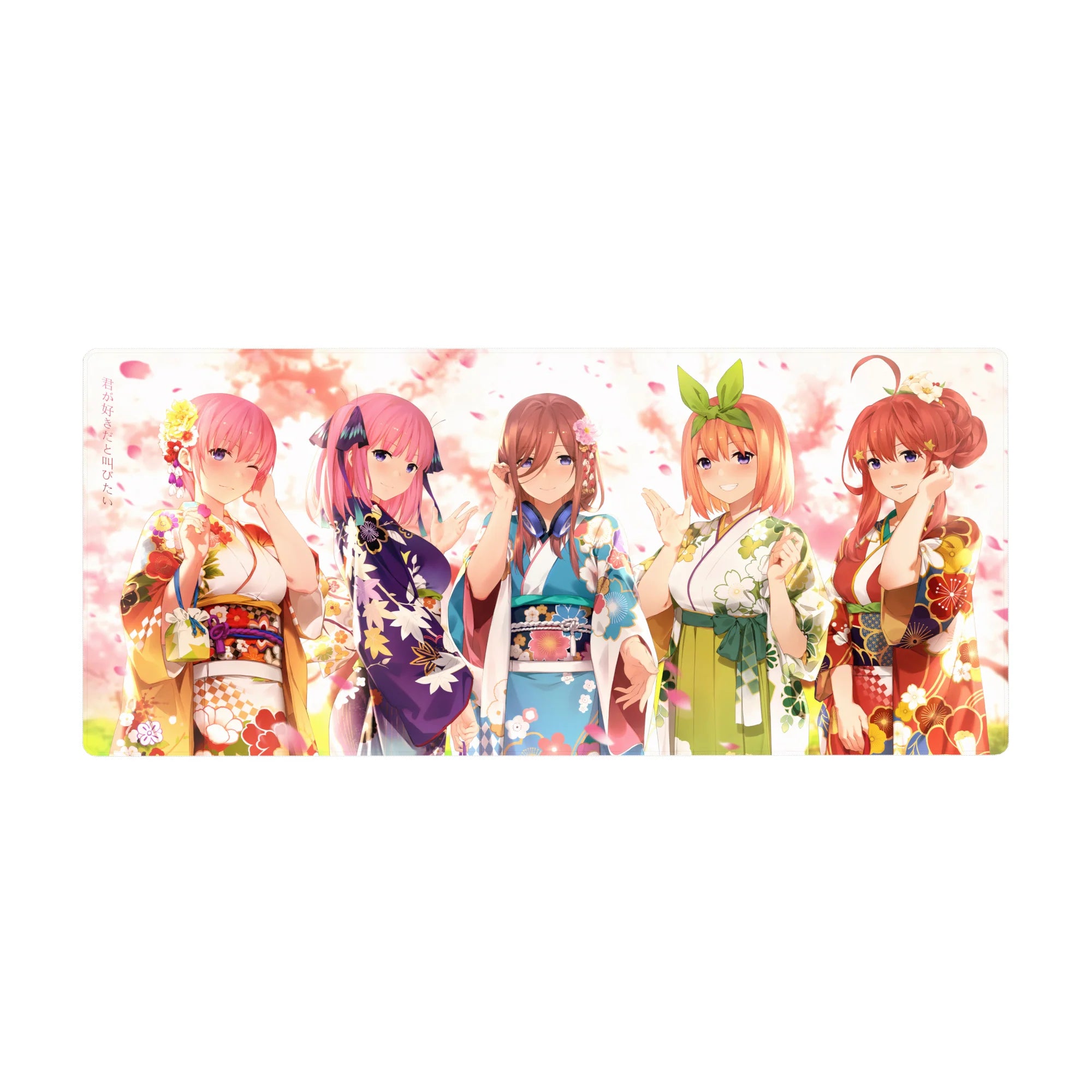 36x16 inches anime girl desk pad with five kimono girls, floral patterns, obi bows, and playful poses.