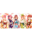 36x16 inches anime girl desk pad with five kimono girls, floral patterns, obi bows, and playful poses.