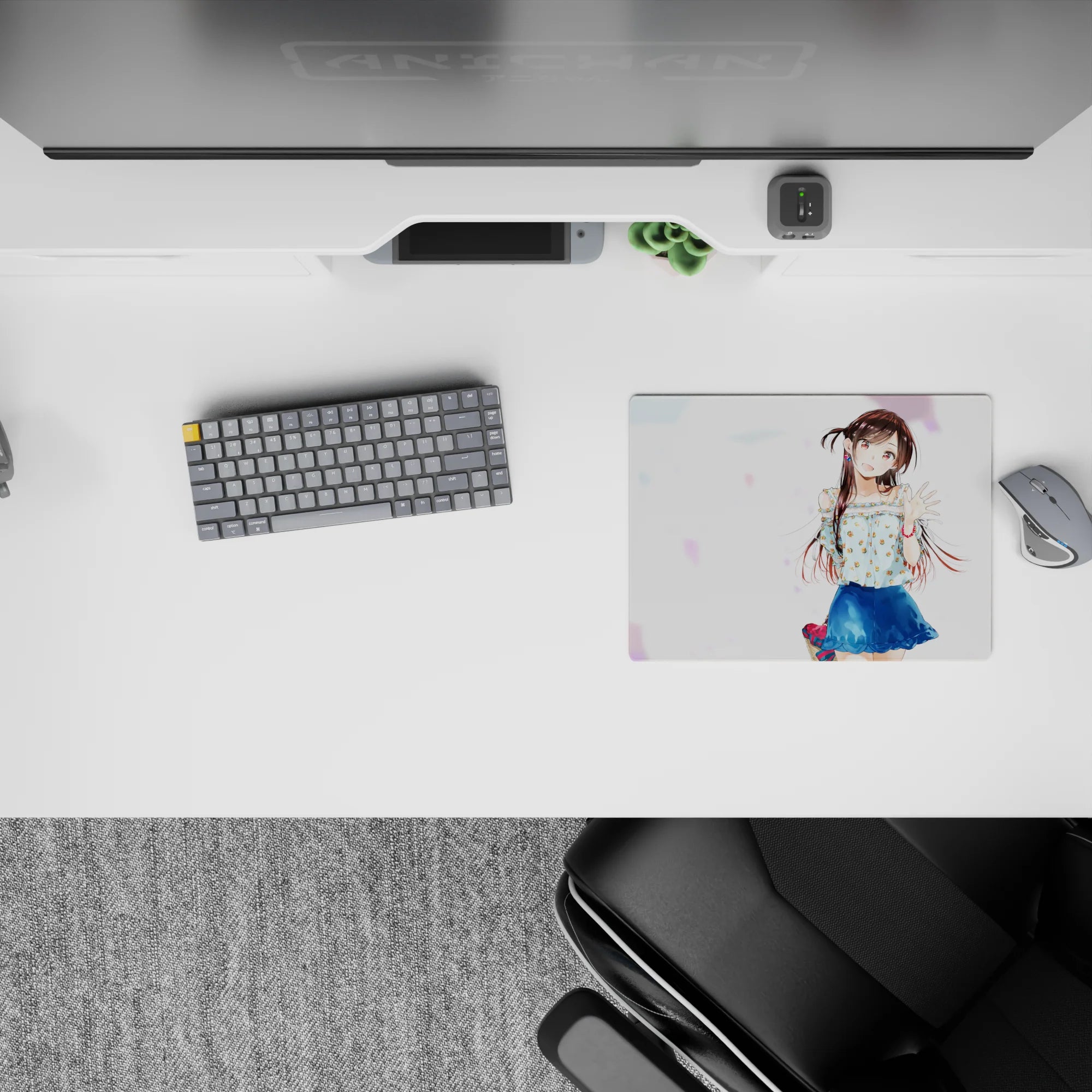 Bright summer vibe mouse pad 14x10 inches, airy white background with pastel confetti and vivid blue accents.